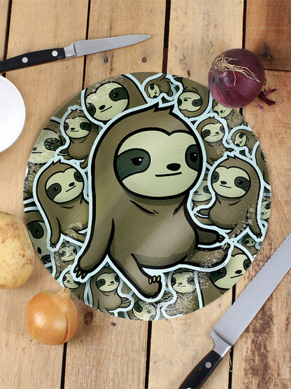 Cute Sloth Jumble Circular Glass Chopping Board
