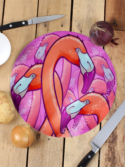 Flamingo Frenzy Circular Glass Chopping Board
