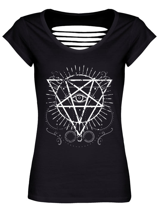 Pentagram Eye Ladies Black Razor Back T-Shirt