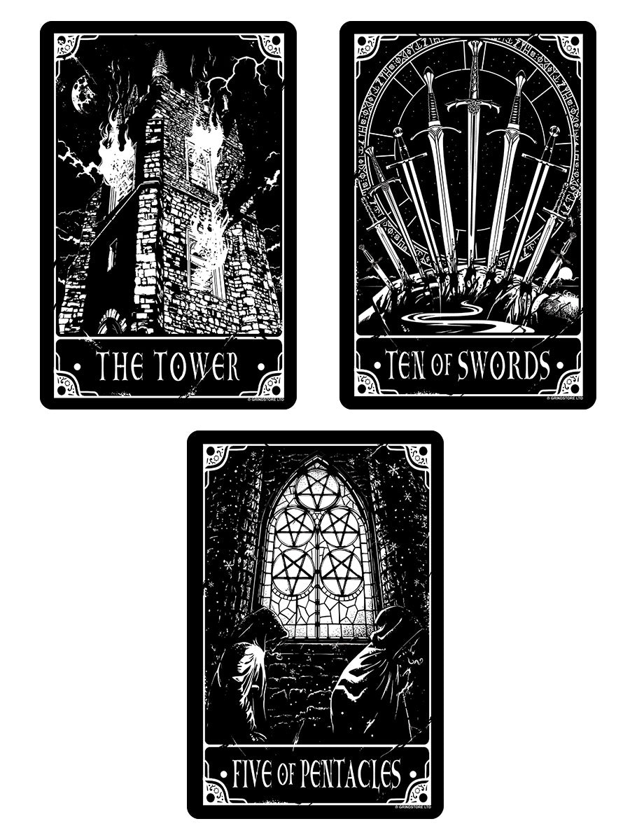 Deadly Tarot - The Tower, Ten Of Swords & Five Of Pentacles Greet Tin Card Set