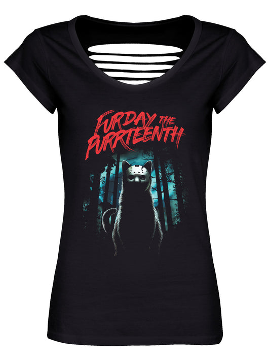 Horror Cats Furday The Purrteenth Ladies Black Razor Back T-Shirt
