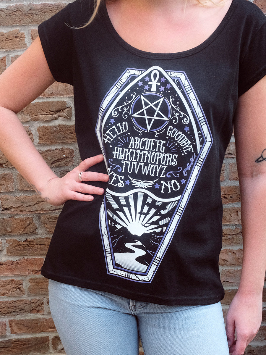 Ouija Coffin Ladies Black Razor Back T-Shirt