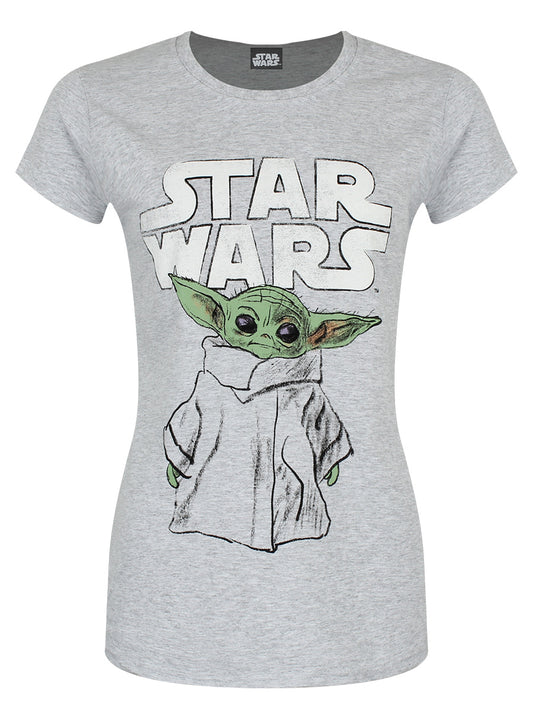 Star Wars Mandalorian, The Child Sketch Ladies Grey T-Shirt