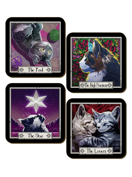 Deadly Tarot Felis The Fool, Lovers, Star & High Priestess 4 Piece Coaster Set