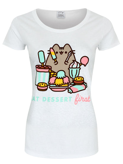 Pusheen Eat Dessert First Ladies White T-Shirt