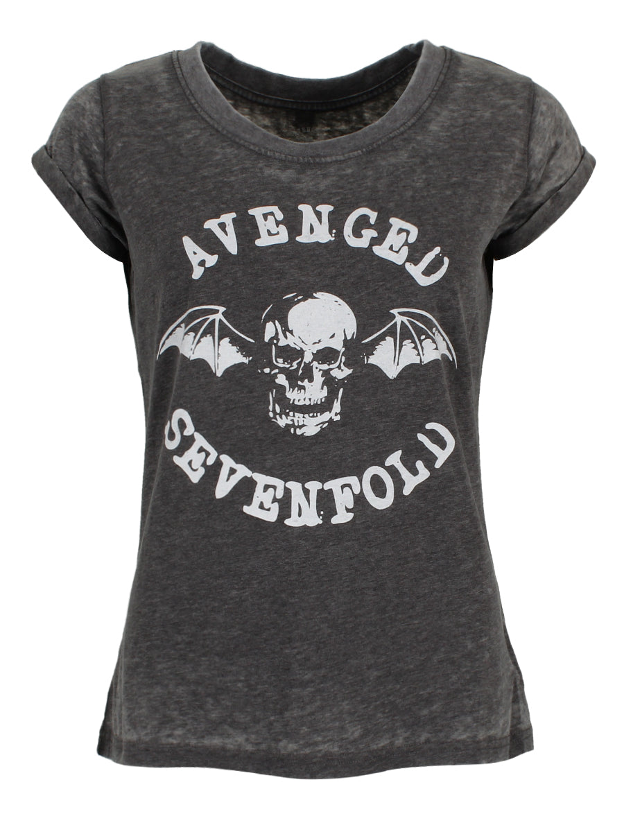 Avenged Sevenfold Deathbat Burn Out Ladies Charcoal T-Shirt