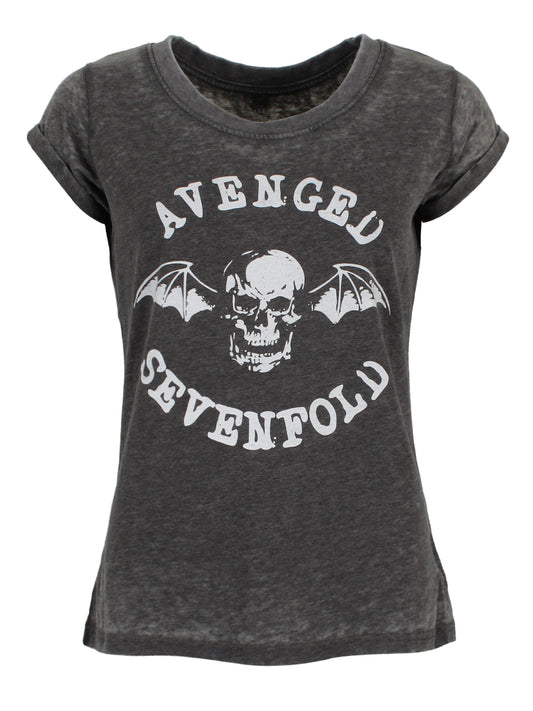 Avenged Sevenfold Deathbat Burn Out Ladies Charcoal T-Shirt