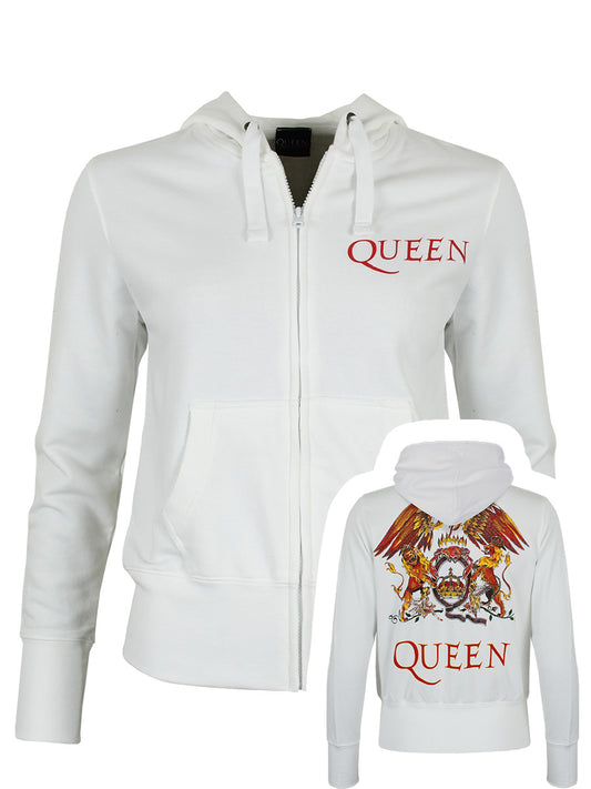 Queen Classic Crest Back Print Ladies Zipped White Hoodie