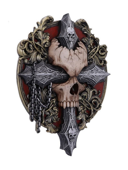 Spiral Cross Of Darkness Cross Baroque Skull and Chains Wall Plaque