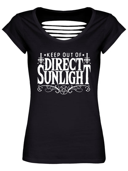 Keep Out of Direct Sunlight Ladies Black Razor Back T-Shirt