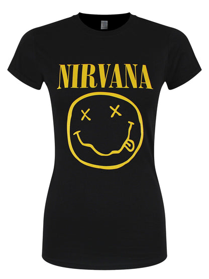 Nirvana Yellow Happy Face Ladies Black T-Shirt