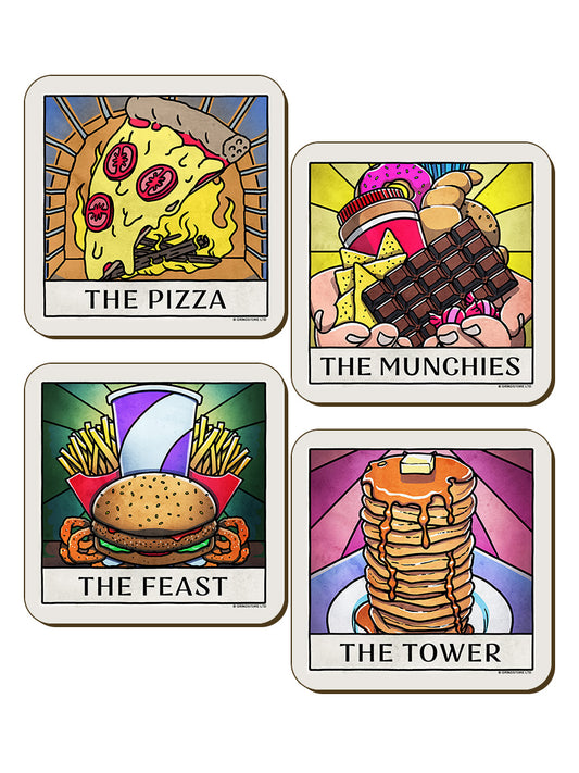 Deadly Tarot Life Pizza, Munchies, Tower & Feast 4 Piece Coaster Set