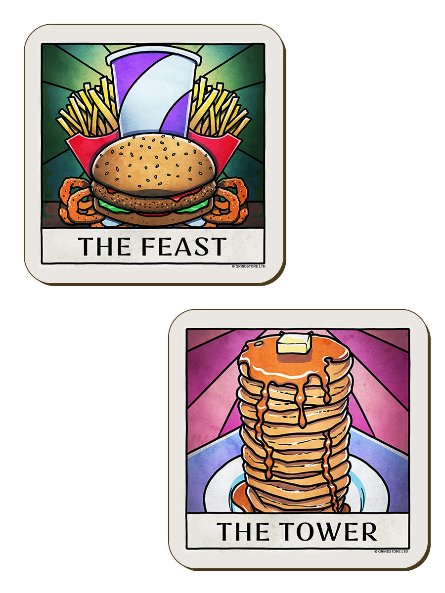 Deadly Tarot Life Pizza, Munchies, Tower & Feast 4 Piece Coaster Set