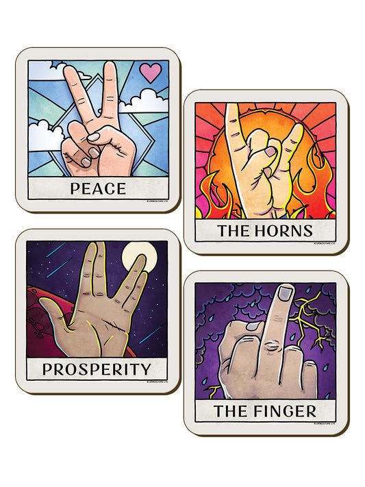 Deadly Tarot Life Peace, Prosperity, The Horns & The Finger 4 Piece Coaster Set