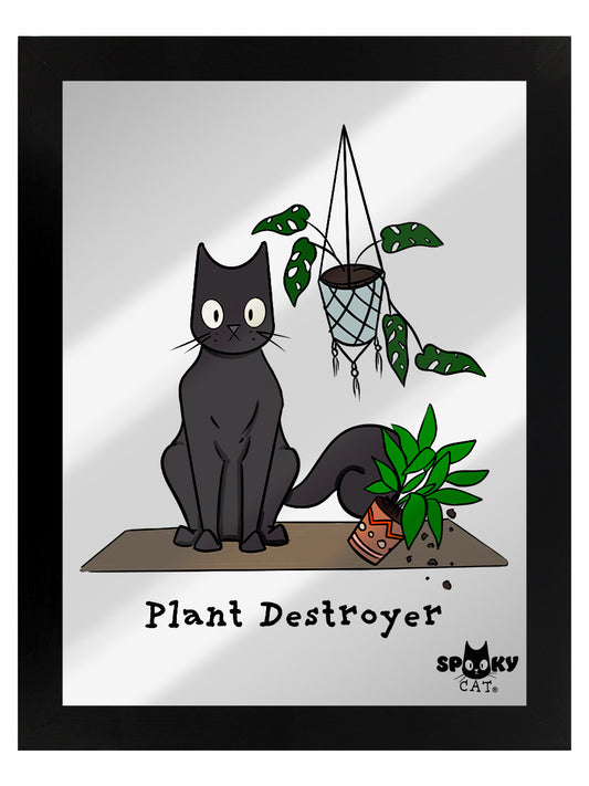 Framed Spooky Cat Plant Destroyer Mirrored Tin Sign