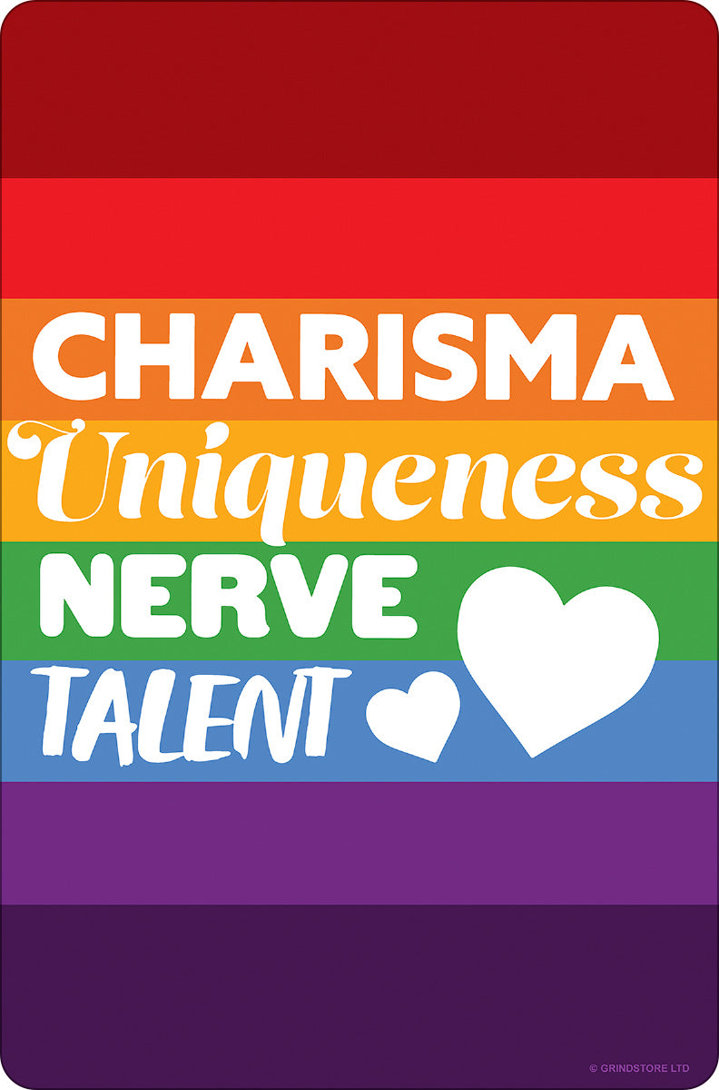 Charisma, Uniqueness, Nerve & Talent Rainbow Greet Tin Card