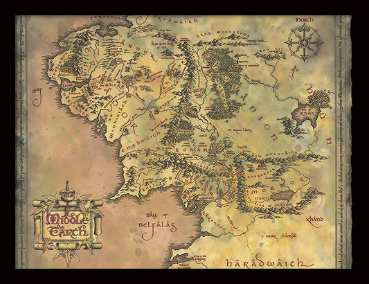 The Lord of the Rings Middle Earth Map Black Wooden Framed Poster
