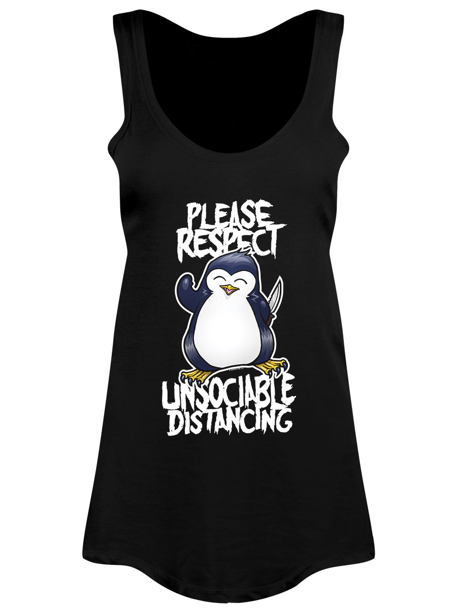Psycho Penguin Please Respect Unsociable Distancing Ladies Black Floaty Vest