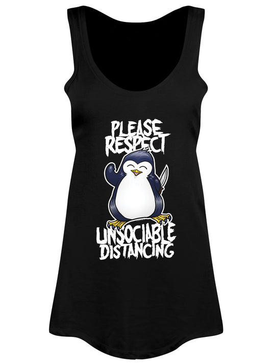 Psycho Penguin Please Respect Unsociable Distancing Ladies Black Floaty Vest