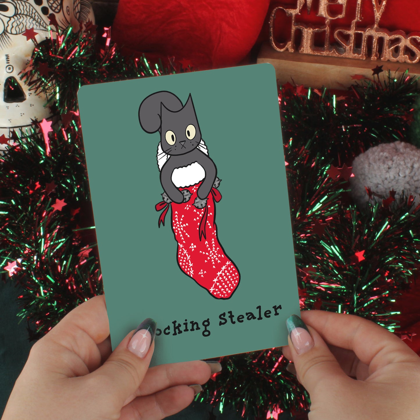 Spooky Cat Stocking Stealer Small Tin Sign