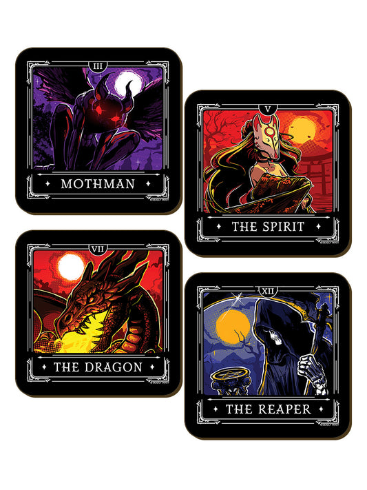 Deadly Tarot Legends The Dragon, The Spirit, Mothman, The Reaper 4 Piece Coaster Set