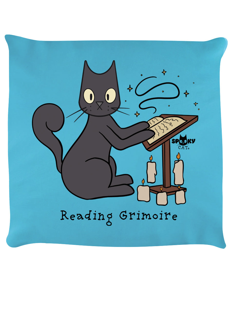 Spooky Cat Reading Grimoire Sky Blue Cushion