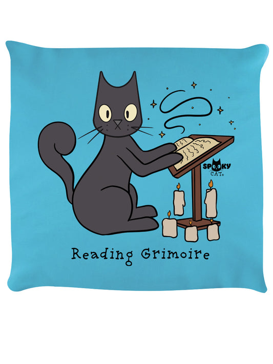Spooky Cat Reading Grimoire Sky Blue Cushion