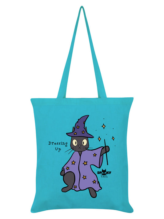 Spooky Cat Dressing Up Azure Blue Tote Bag