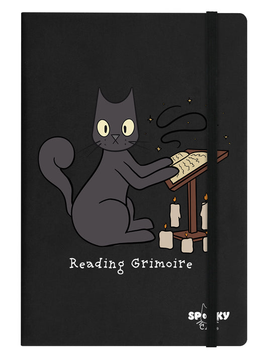 Spooky Cat Reading Grimoire Black A5 Hard Cover Notebook