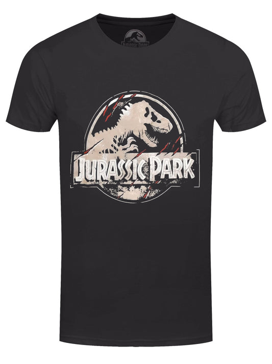 Jurassic Park Scratched Logo Men's Black Acid Wash T-Shirt