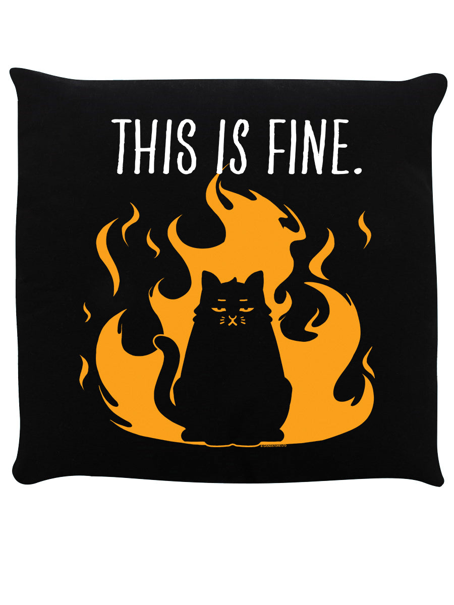 This Is Fine Cat Black Cushion
