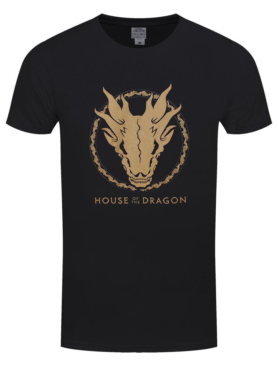 House Of The Dragon Gold Ink Skull Men's Black T-Shirt
