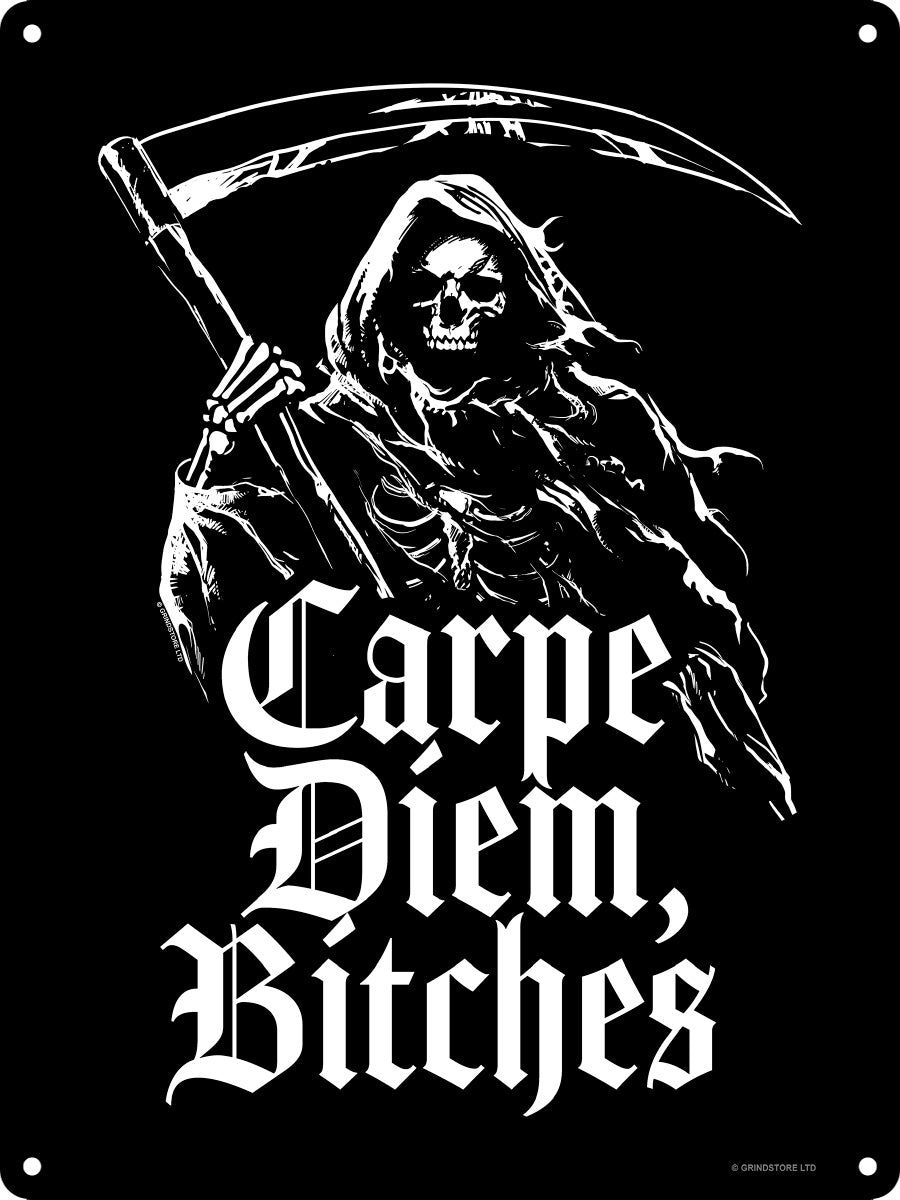 Targa Metallica Grindstore Reaper Carpe Diem - Placca Decorativa 15x20cm Nero Con Fori Per Parete - Foto 6