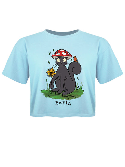 Spooky Cat Earth Sky Blue Boxy Crop Top