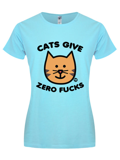 Pop Factory Cats Give Zero Fucks Ladies Turquoise T-Shirt