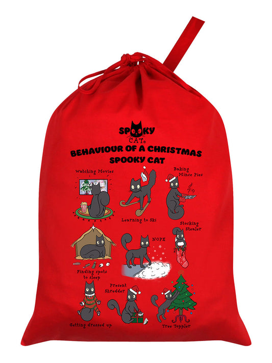 Behaviour Of A Christmas Spooky Cat Red Santa Sack