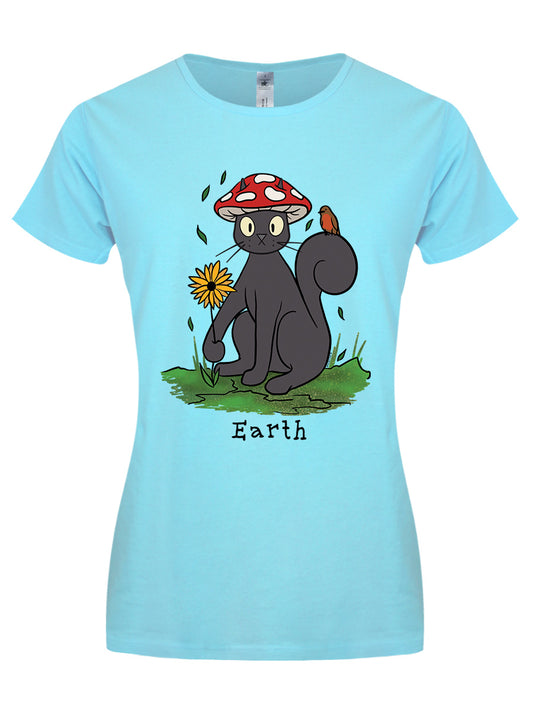 Spooky Cat Earth Ladies Turquoise T-Shirt