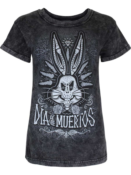 Spiral Bugs Muertos Ladies Acid Wash Turnup Sleeve T-Shirt