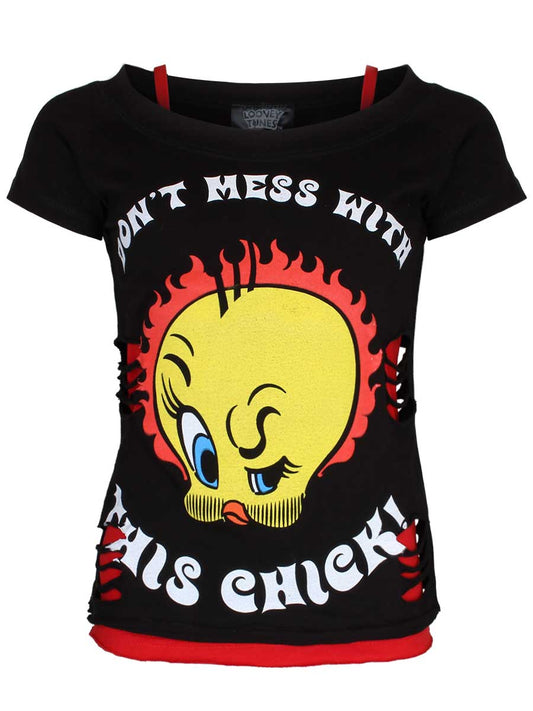 Spiral Tweety Tough Chick 2 in 1 Red and Black Ripped Top