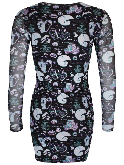 The Nightmare Before Christmas Glitch All Over Print Ladies Bodycon Mesh Dress