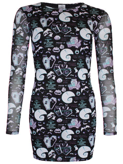 The Nightmare Before Christmas Glitch All Over Print Ladies Bodycon Mesh Dress