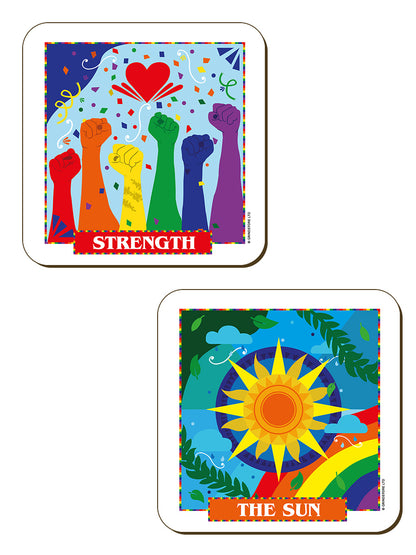Deadly Tarot Pride The Lovers, The Sun, Strength & The World 4 Piece Coaster Set