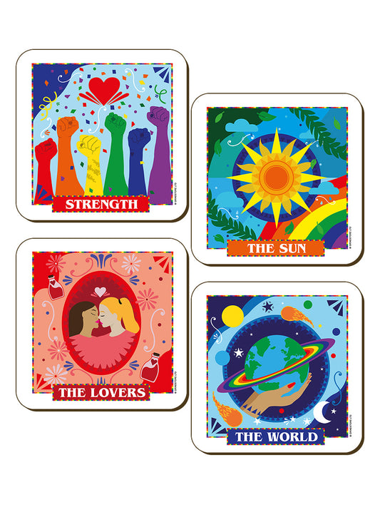 Deadly Tarot Pride The Lovers, The Sun, Strength & The World 4 Piece Coaster Set