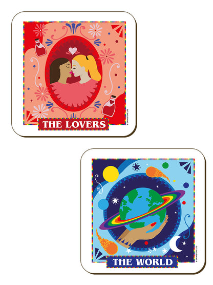 Deadly Tarot Pride The Lovers, The Sun, Strength & The World 4 Piece Coaster Set