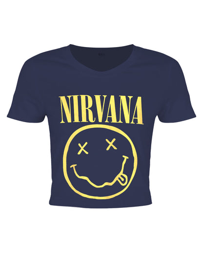 Nirvana Happy Face Flower Sniffin Ladies Denim Blue Crop Top