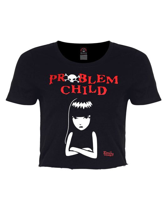 Emily The Strange Problem Child Ladies Black Cropped Raw Hem T-Shirt