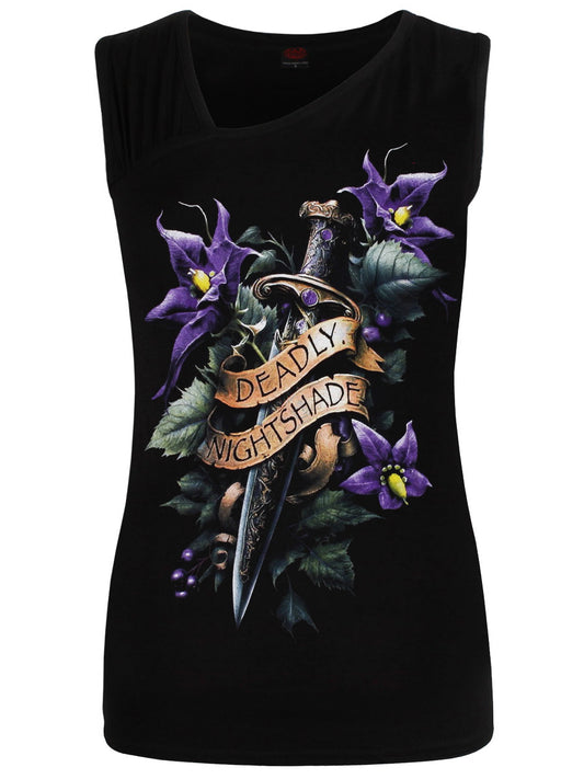 Spiral Deadly Nightshade Gathered Shoulder Slant Black Vest