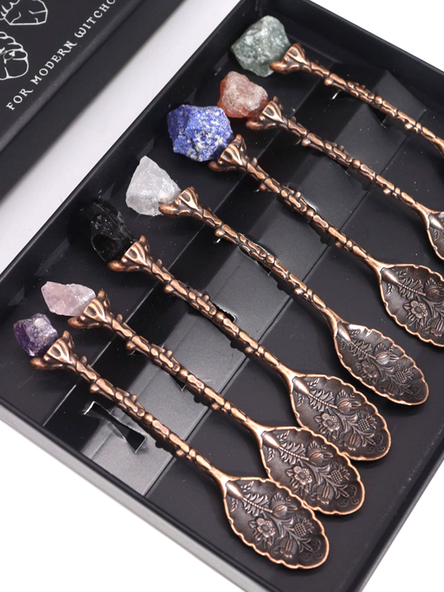 Set of 7 Bronze Gemstone Crystal Spoons