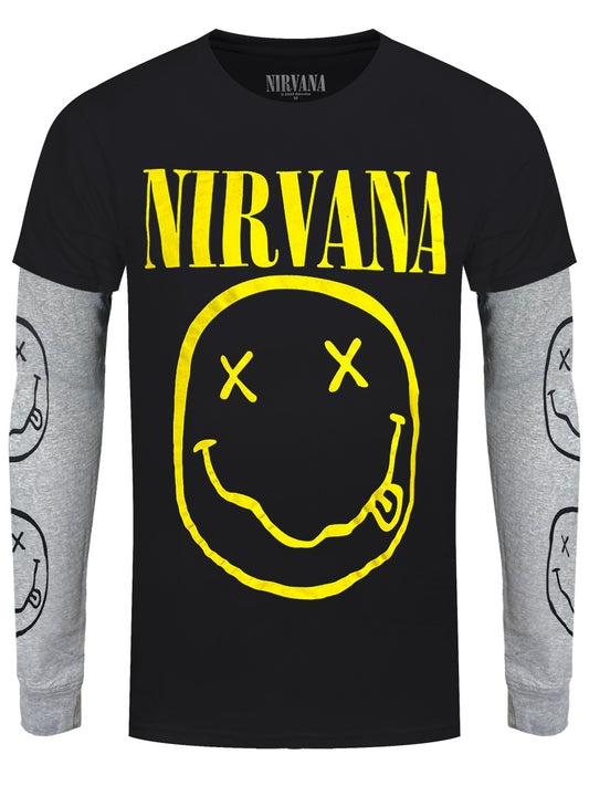 Nirvana Yellow Happy Face Men's Black & Grey Layered Long Sleeve T-Shirt