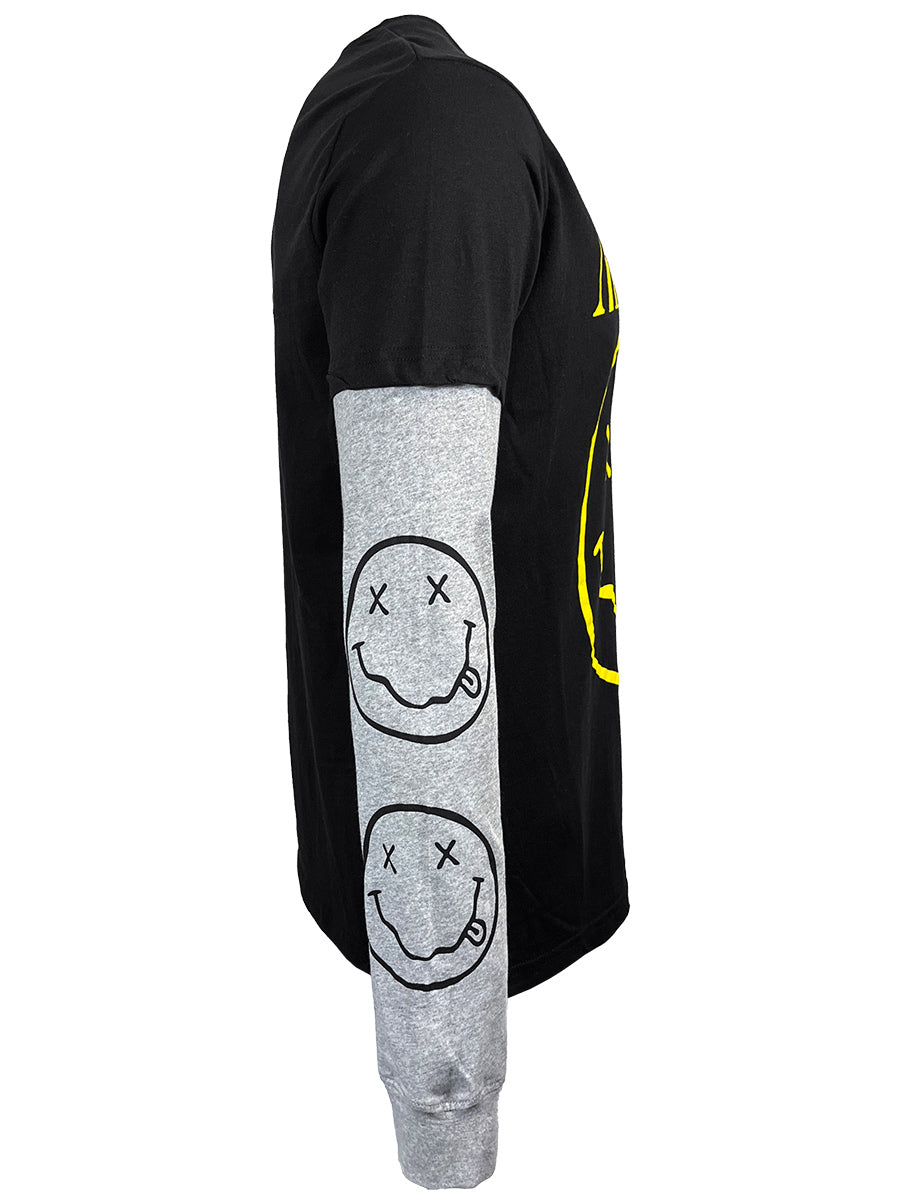 Nirvana Yellow Happy Face Men's Black & Grey Layered Long Sleeve T-Shirt